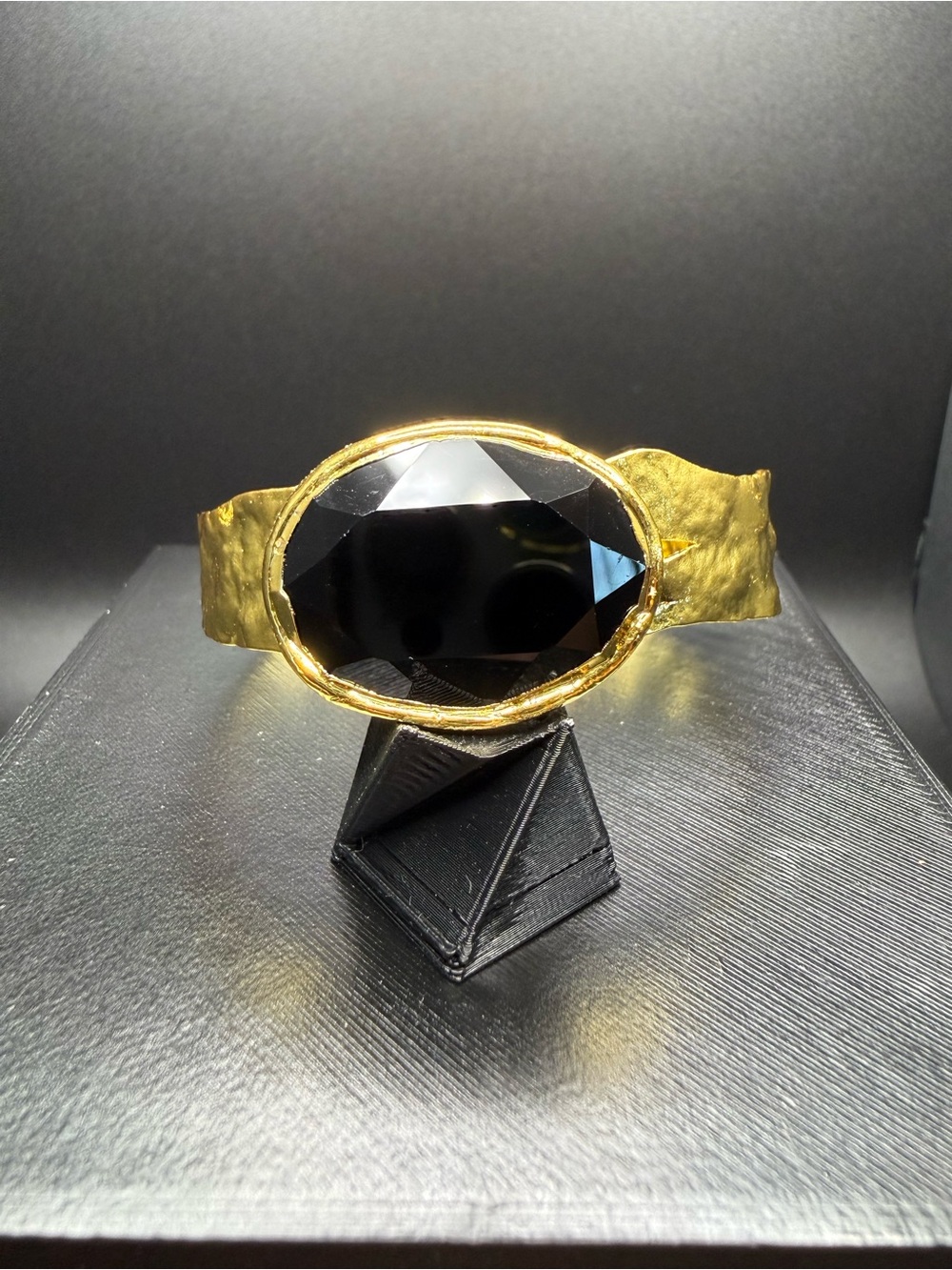 Gold Cuff Bracelet with Black Faceted oval  crystal gem 💎